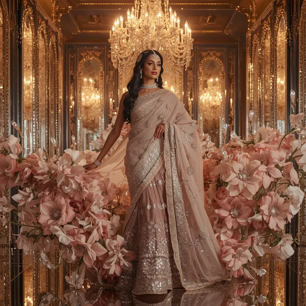 Giant Floral Mirror Diamond Palace Saree with Wedding Crystal Kingdom | Prompt For Girl Photo Editing