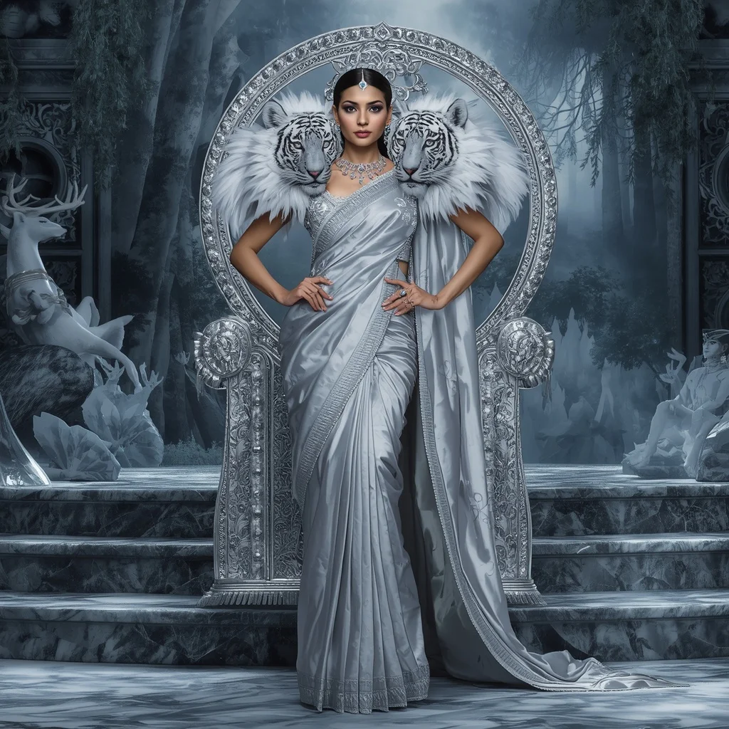 Giant Luxury Crystal Arctic Tigress Saree with Silver Wilderness Throne Empire | Trending Prompt Girls Instagram