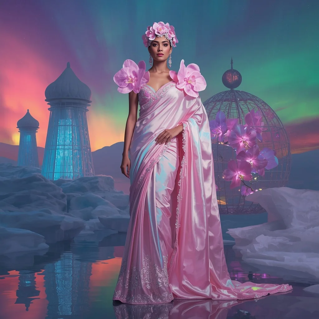 Giant Luxury Crystal Aurora Orchid Palace Saree with Polar Floral Kingdom | Prompt Ai For Girl Aesthetic