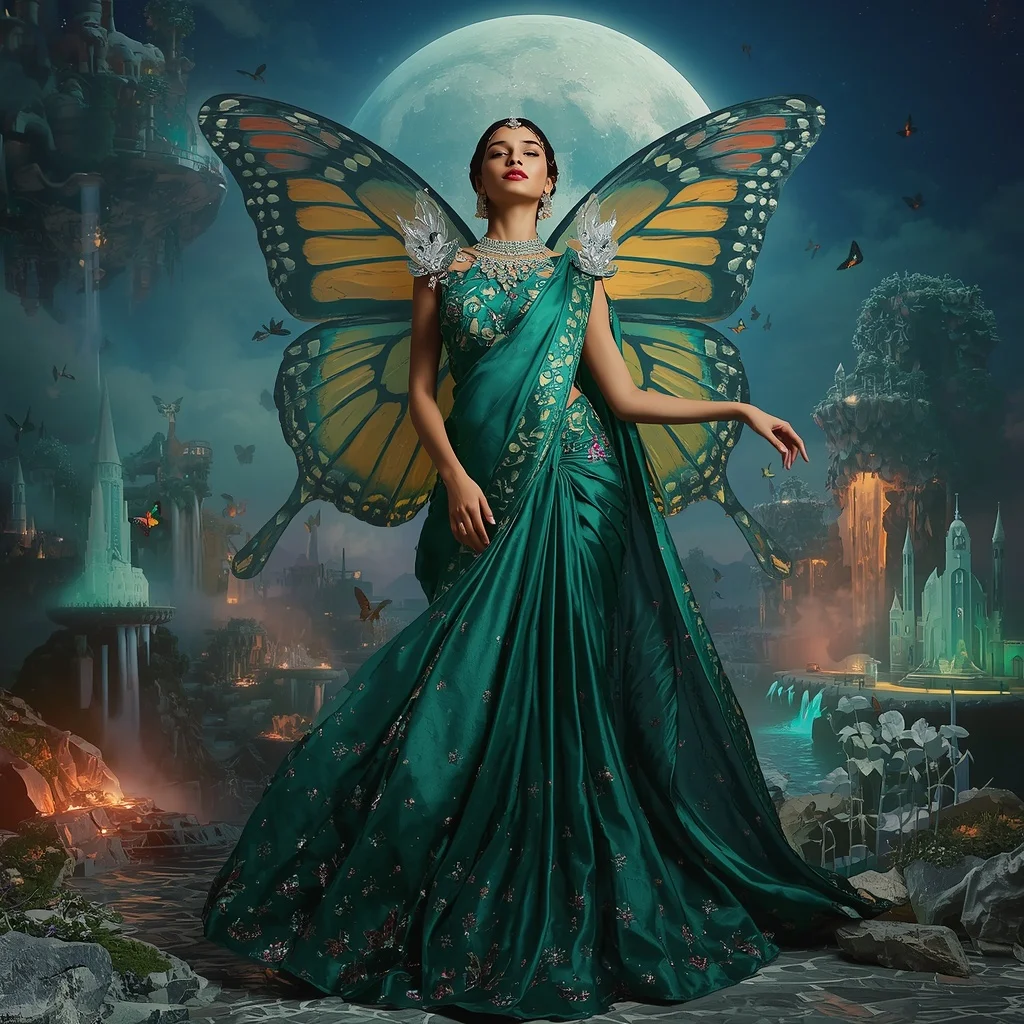 Giant Luxury Crystal Butterfly Moon Palace Saree with Floating Paradise Capital | Prompt For Traditional Look On Instagram
