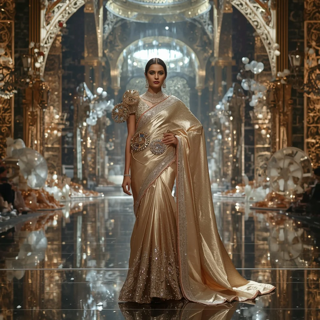 Giant Luxury Crystal Clockwork Palace Saree with Mechanical Fantasy Empire | New Instagram Trend Prompt For Girl And Boy