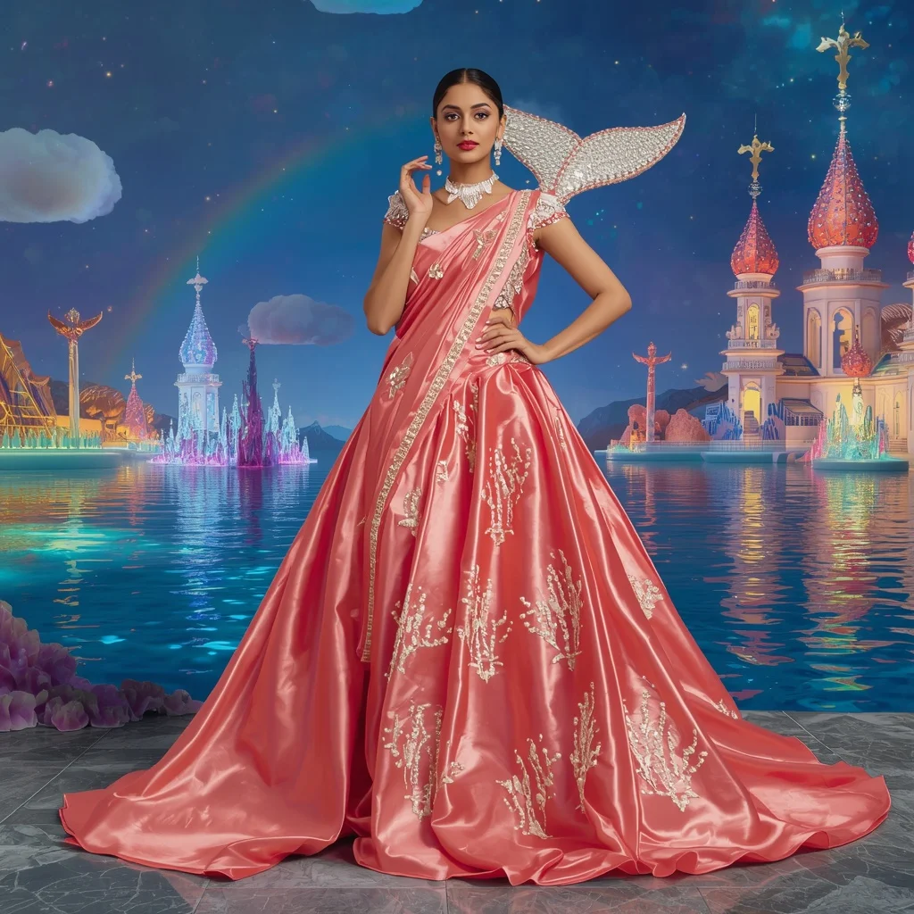 Giant Luxury Crystal Coral Whale Palace Saree with Rainbow Ocean Kingdom | Prompt Seen Girl Photo Editing Chatgpt Download