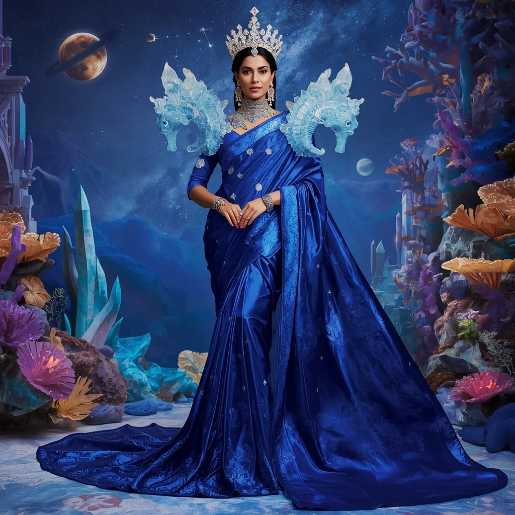 Giant Luxury Crystal Cosmic Seahorse Saree with Sapphire Galaxy Reef Kingdom | Prompt For Gemini Ai Girl Model Instagram
