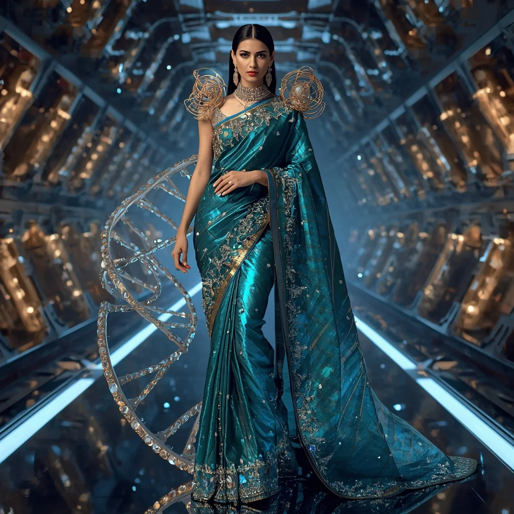 Giant Luxury Crystal DNA Helix Saree with Futuristic Bio Palace | Prompt Seen Girl Photo Editing