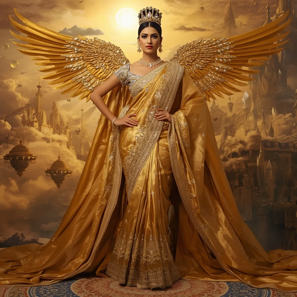 Giant Luxury Crystal Eagle Empress Saree with Golden Sky Citadel | Fantasy Ai Prompt