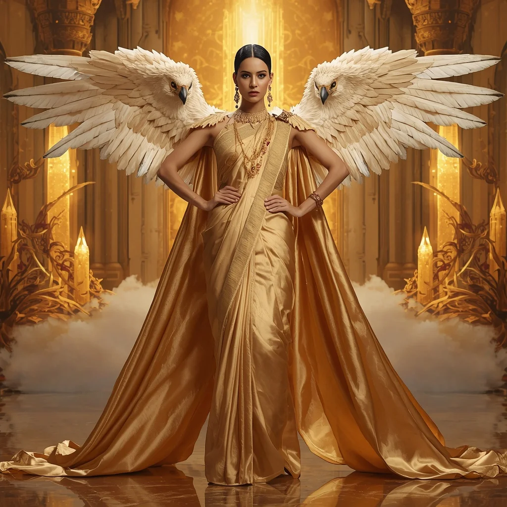 Giant Luxury Crystal Falcon Queen Saree with Golden Sky Throne Empire | Gemini Ai Prompt