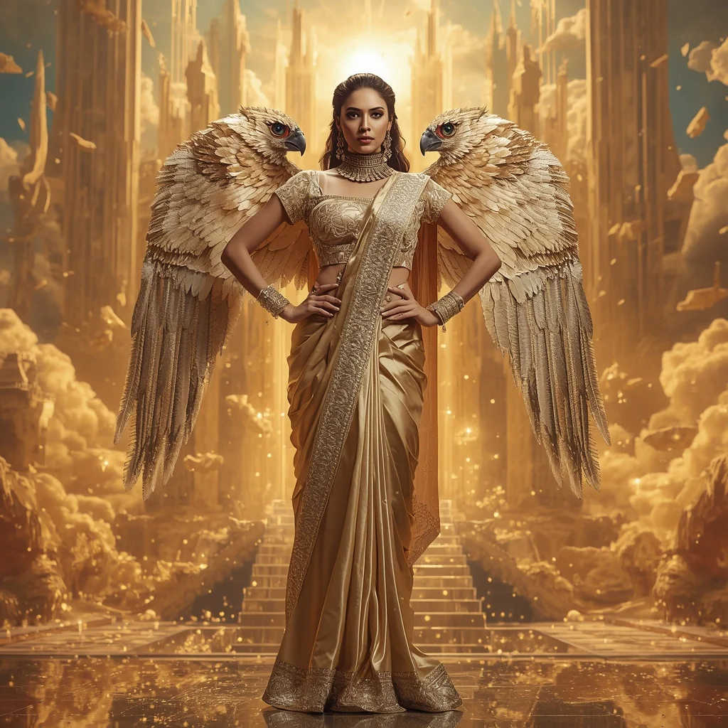 Giant Luxury Crystal Falcon Queen Saree with Golden Sky Throne Empire | Fitness Model Ai Prompt