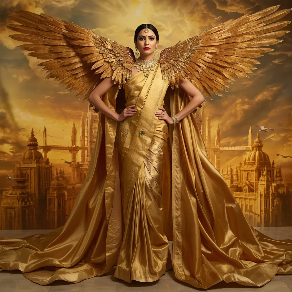 Giant Luxury Crystal Falcon Queen Saree with Golden Sky Throne Empire | Copy Paste Ai Prompt