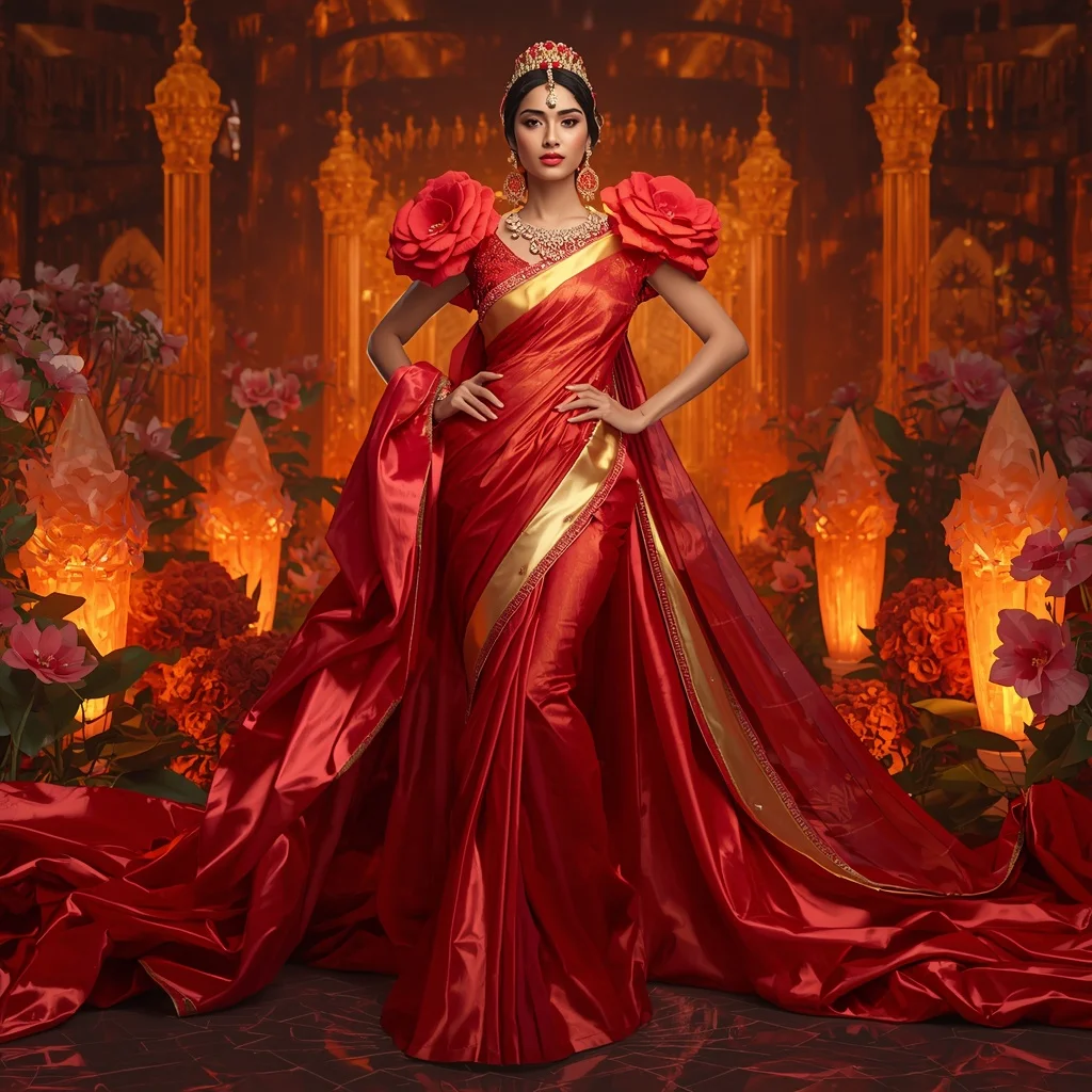 Giant Luxury Crystal Fire Camellia Saree with Ember Garden Kingdom | Instagram Reel Ai Prompt