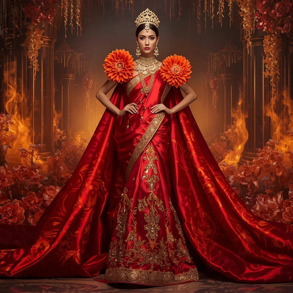 Giant Luxury Crystal Fire Dahlia Palace Saree with Ember Bloom Empire | Gemini Ai Photo