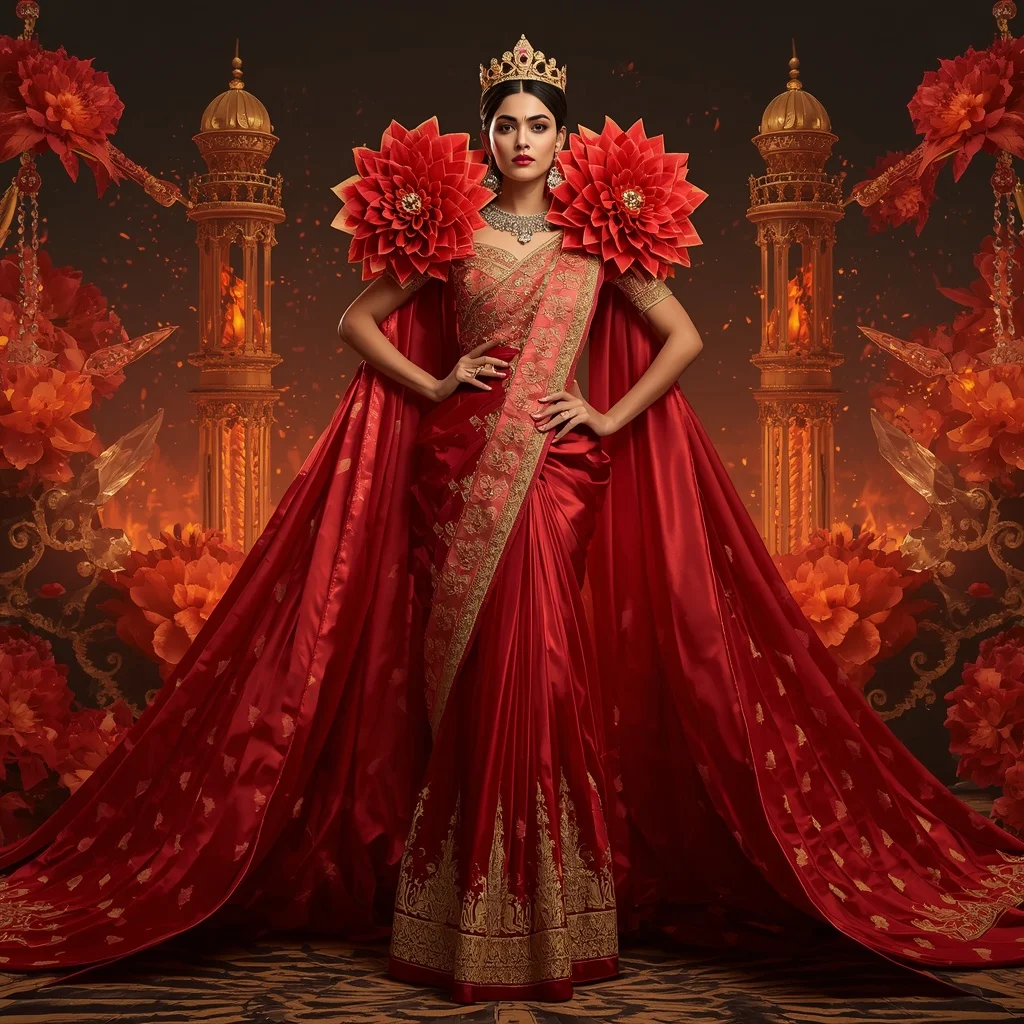Giant Luxury Crystal Fire Dahlia Palace Saree with Ember Bloom Empire | Anime Ai Prompt