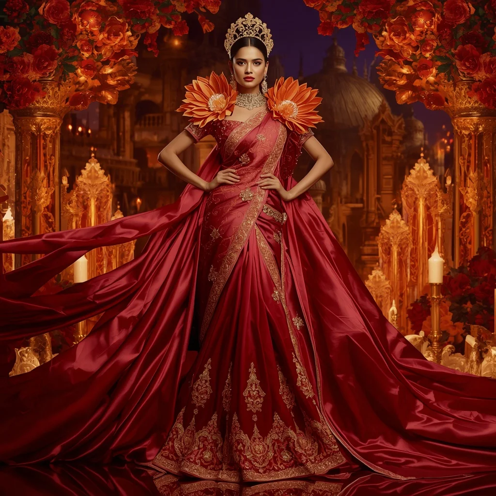 Giant Luxury Crystal Fire Dahlia Palace Saree with Ember Bloom Empire | Grok Ai Prompt