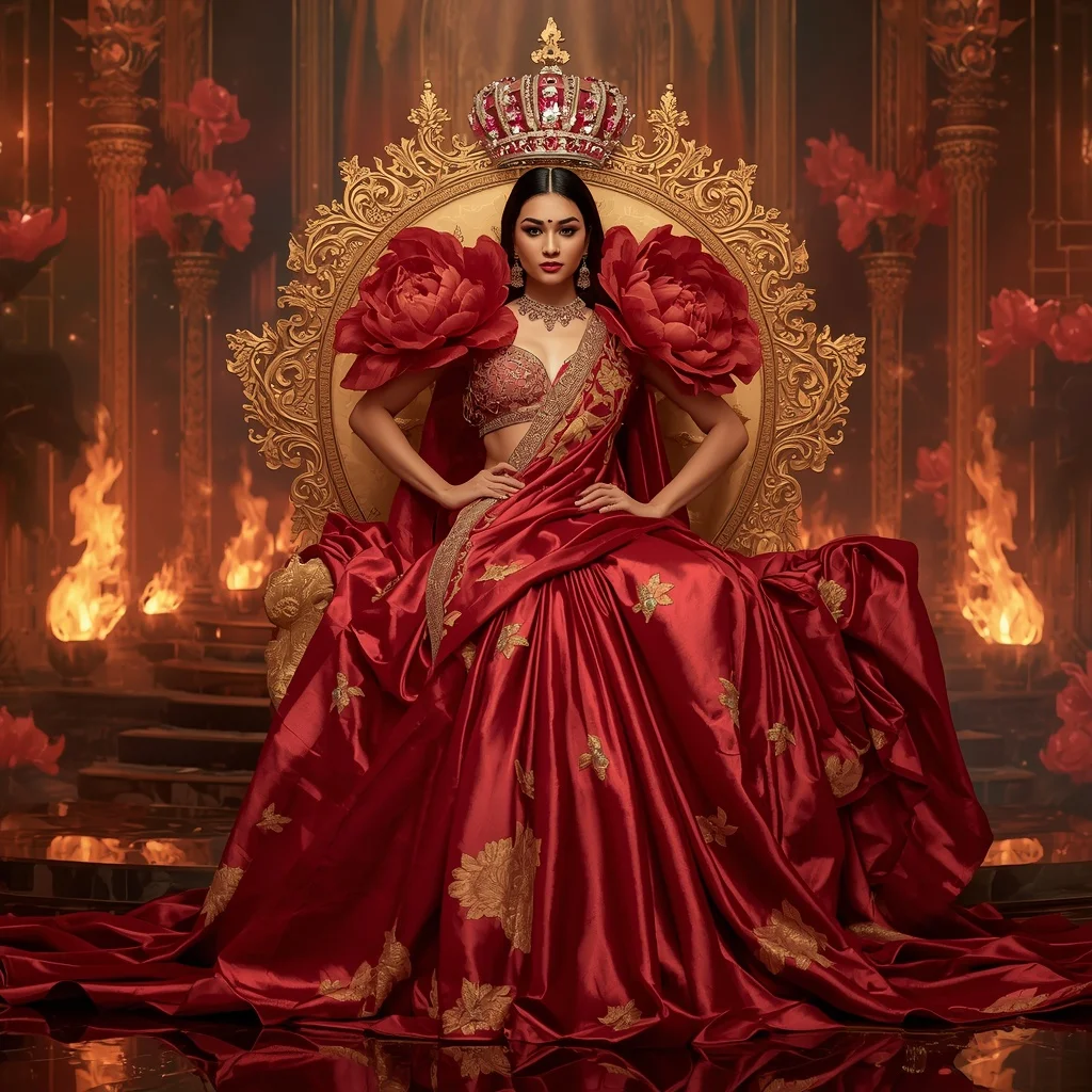 Giant Luxury Crystal Fire Peony Throne Saree with Ember Royal Dynasty | Fitness Model Ai Prompt
