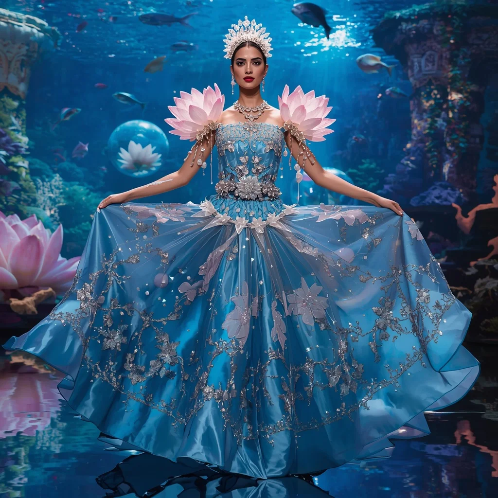 Giant Luxury Crystal Floating Lotus Aquarium Saree with Sapphire Water Empire | Hd Image Prompt