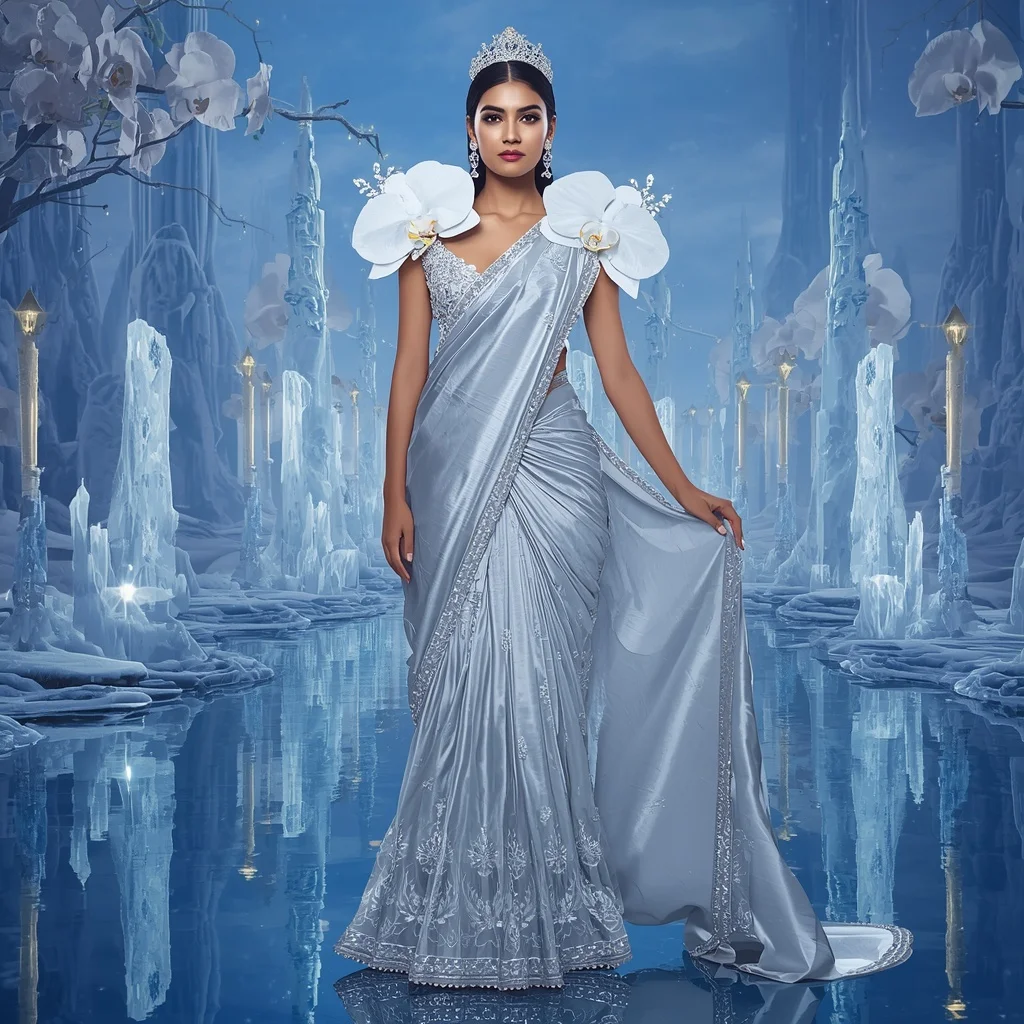 Giant Luxury Crystal Glacier Orchid Fortress Saree with Frozen Reflection Dynasty | South Indian Prompt For Gemini Girl Instagram