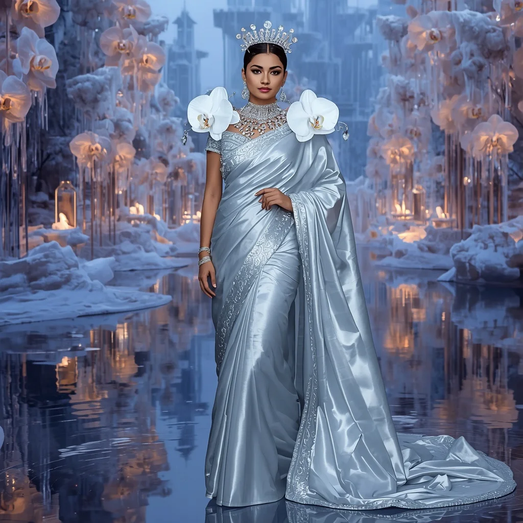 Giant Luxury Crystal Glacier Orchid Palace Saree with Frozen Reflection Dynasty | Selfie Prompt