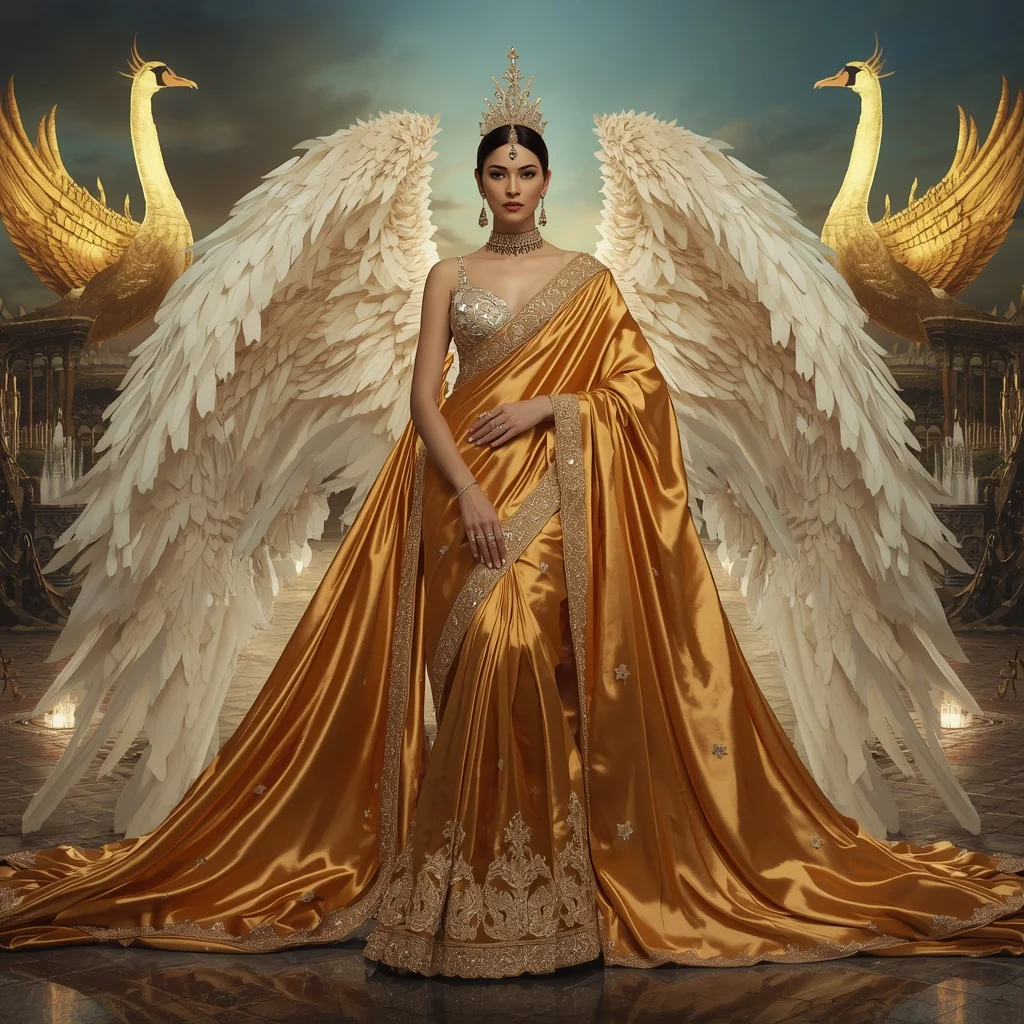 Giant Luxury Crystal Golden Swan Fortress Saree with Celestial Royal Capital | Copy Paste Ai Prompt