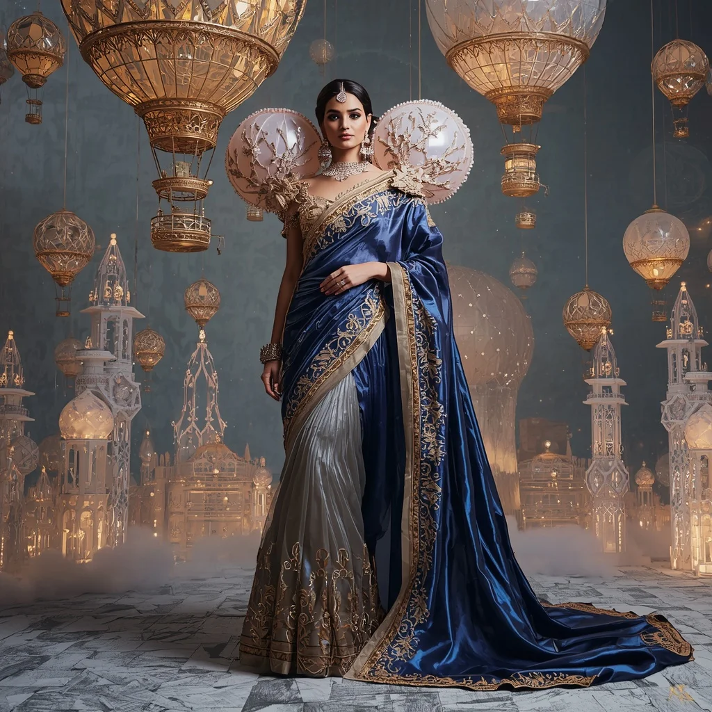 Giant Luxury Crystal Hot Air Balloon Saree with Floating Festival Sky City | Woman Pose Ai Prompt