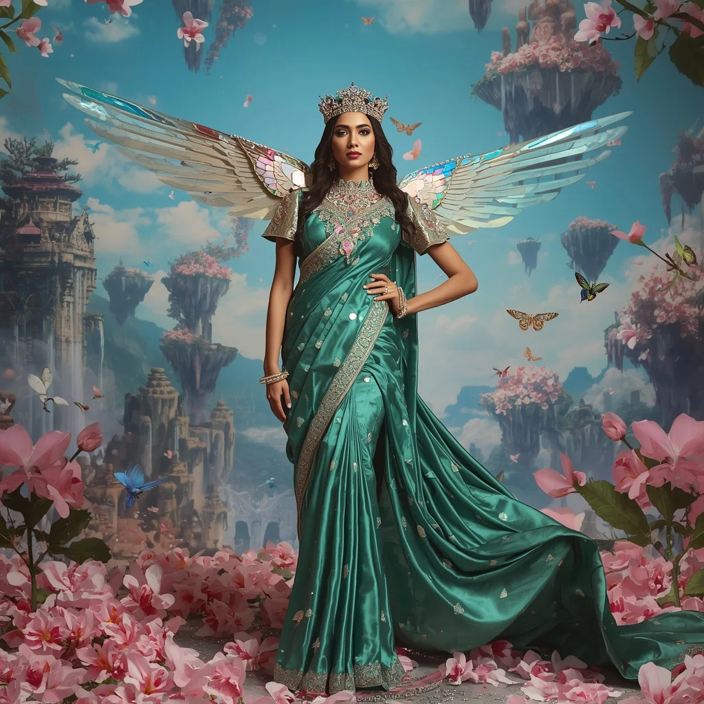Giant Luxury Crystal Hummingbird Crown Saree with Floating Blossom Sky | Prompt For Traditional Look For Couple