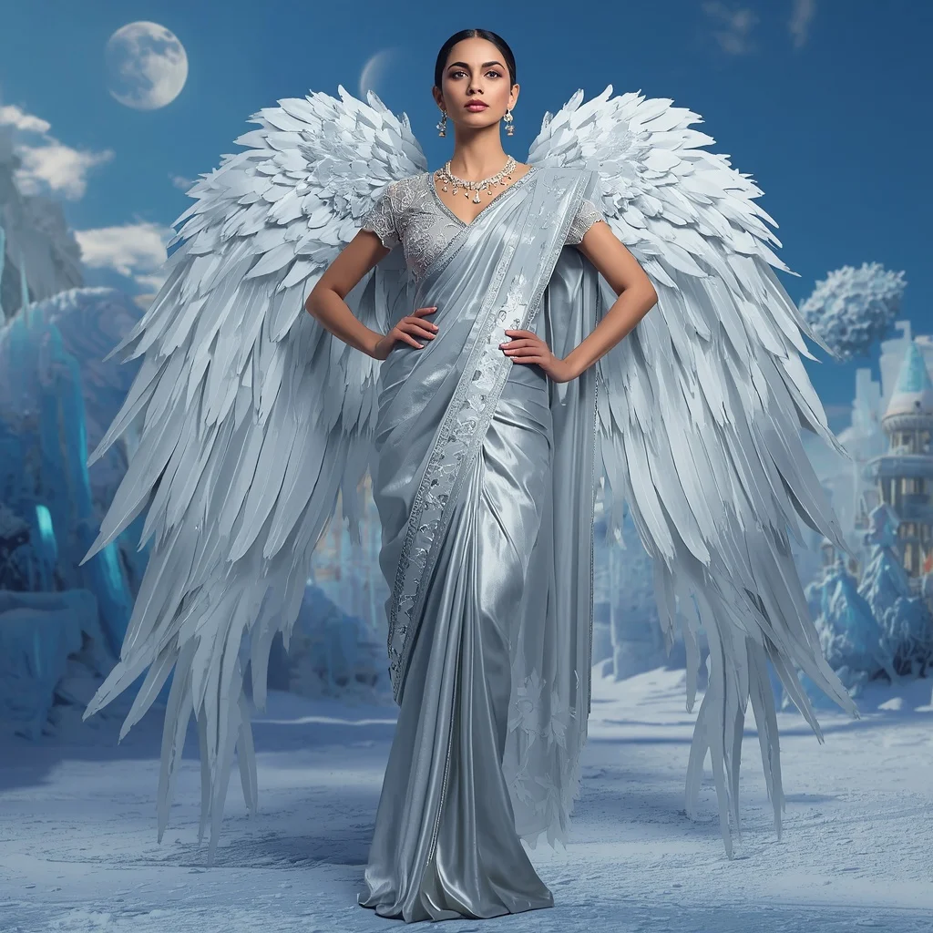 Giant Luxury Crystal Ice Falcon Saree with Arctic Sky Empire | Prompt Seen Trending Girl Instagram