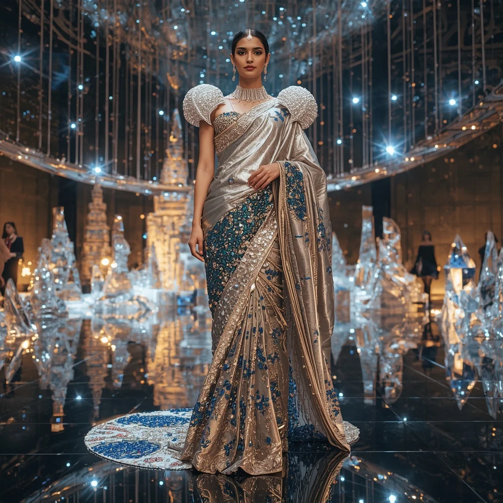 Giant Luxury Crystal Infinity Bridge Saree with Floating Sky Metropolis | Ai Selfie Prompt