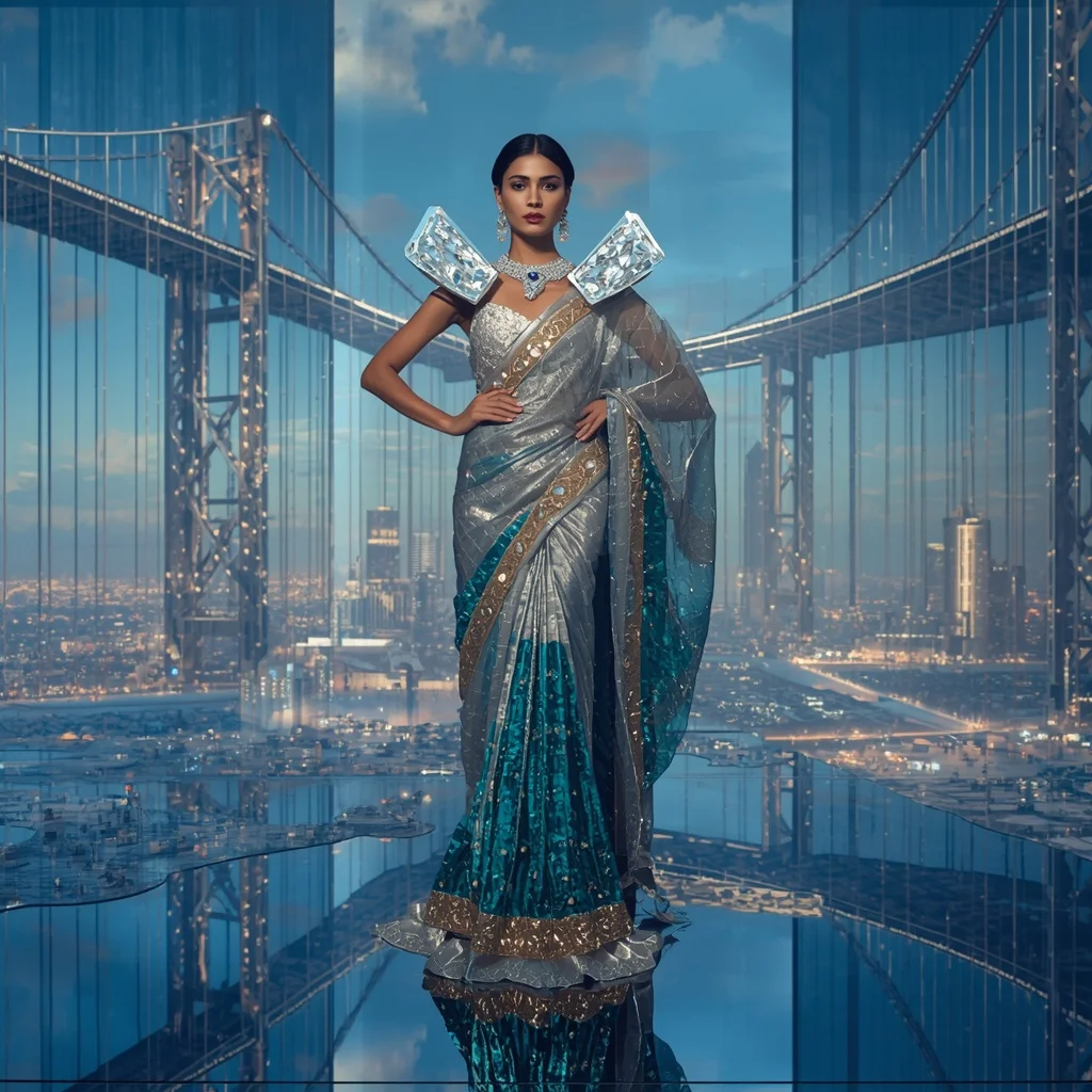 Giant Luxury Crystal Infinity Bridge Saree with Floating Sky Metropolis | Stable Diffusion Prompt