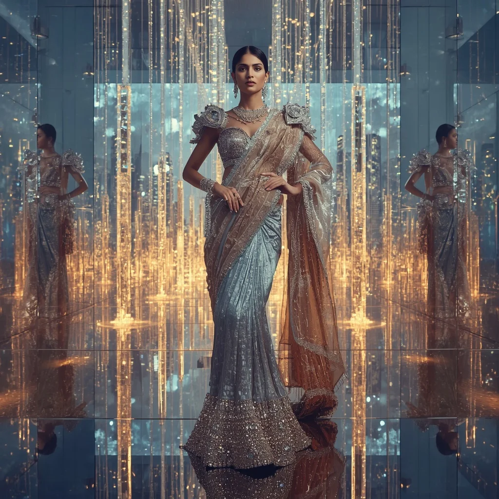 Giant Luxury Crystal Infinity Bridge Saree with Floating Sky Metropolis | Gemini Photo Prompt