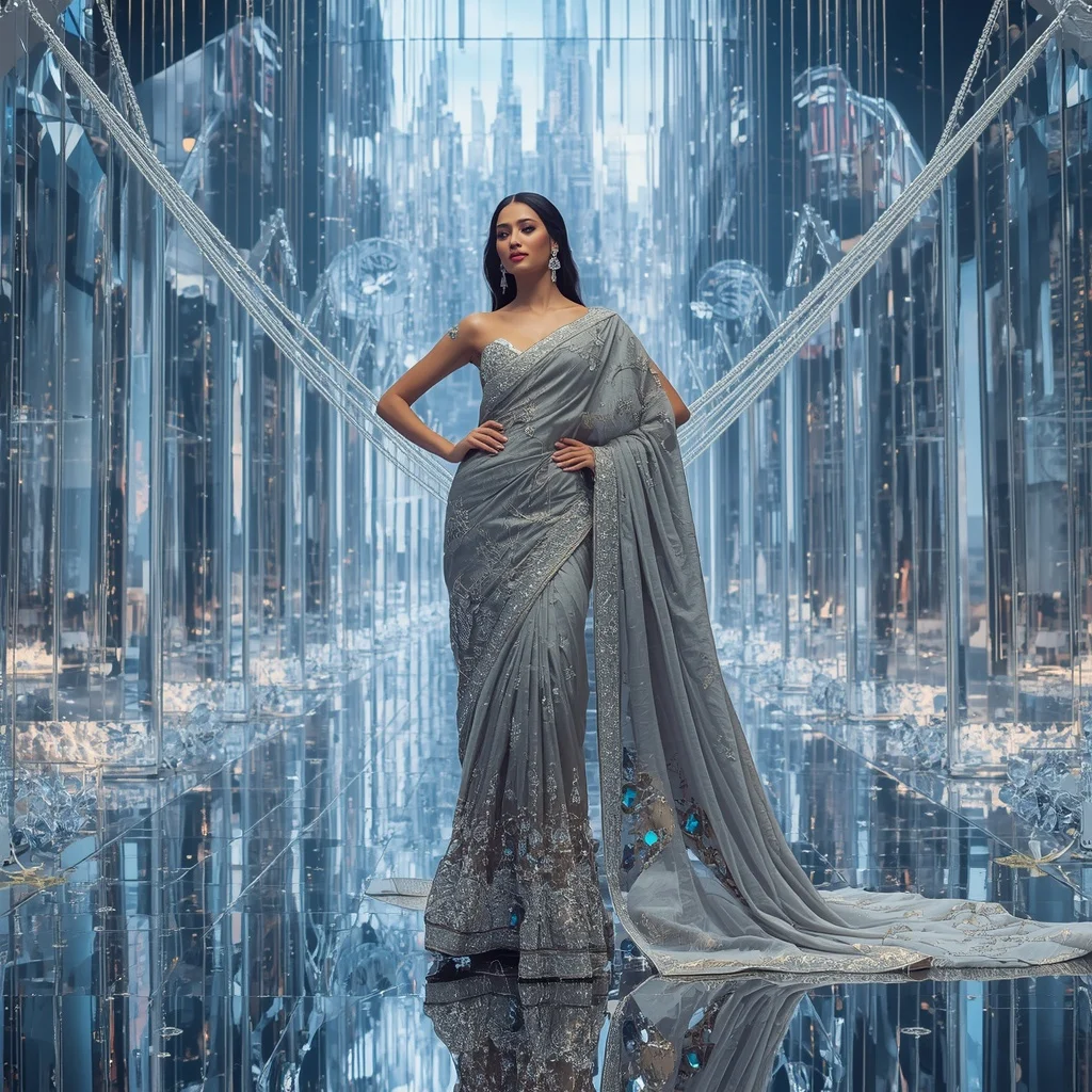 Giant Luxury Crystal Infinity Bridge Saree with Floating Sky Metropolis | Google Prompt