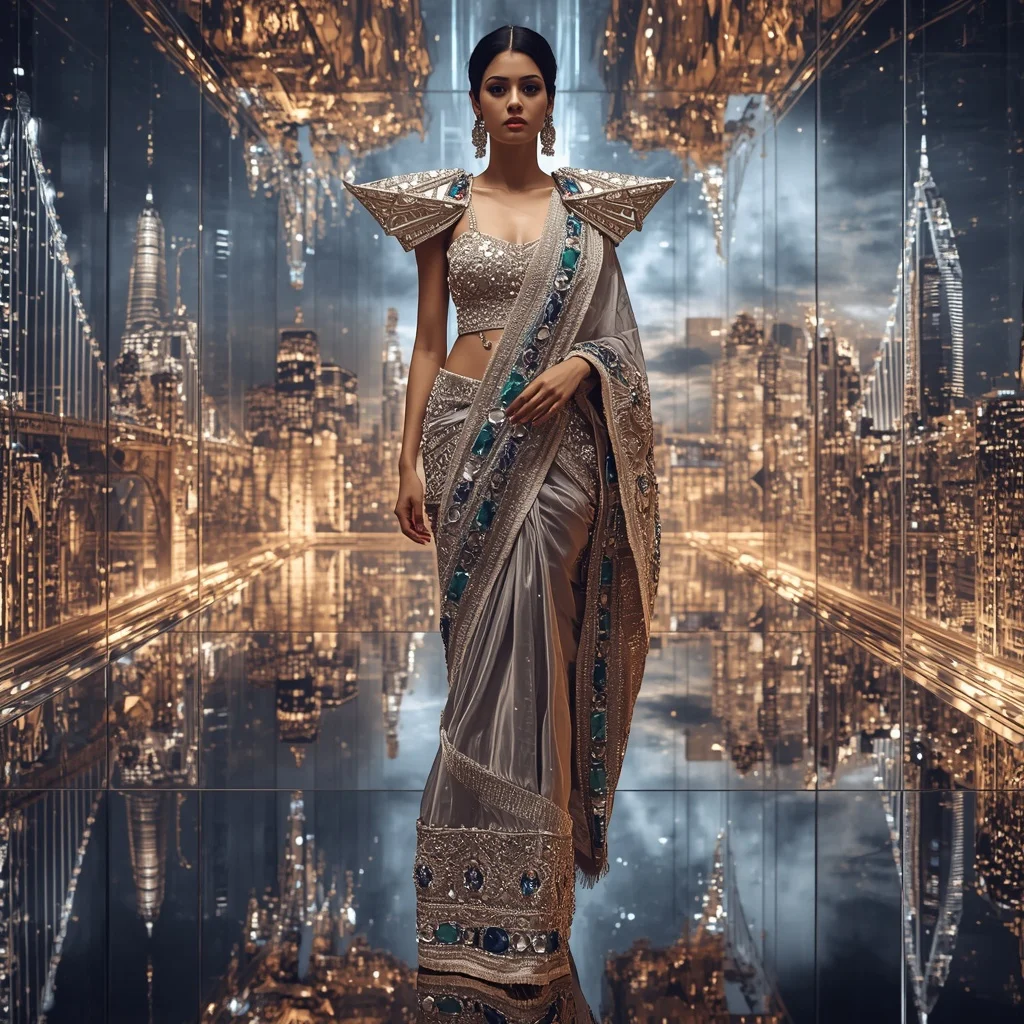 Giant Luxury Crystal Infinity Bridge Saree with Floating Sky Metropolis | Prompt Seen Trending Girl AI Photo