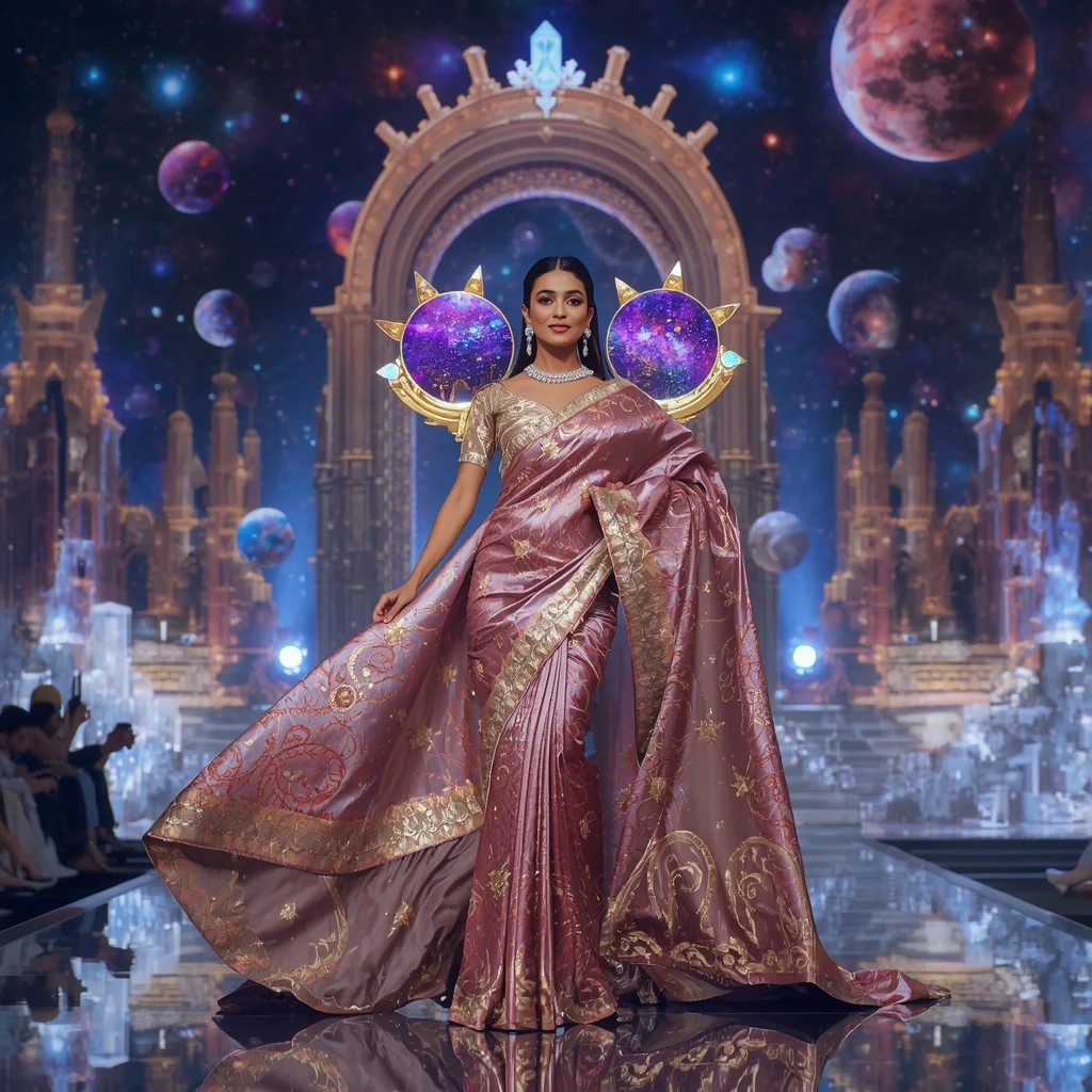 Giant Luxury Crystal Infinity Galaxy Gate Saree with Cosmic Crown Metropolis | Instagram Reel Ai Prompt