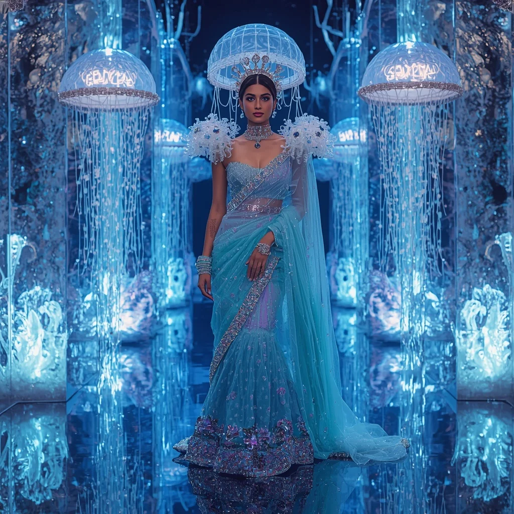 Giant Luxury Crystal Jellyfish Crown Saree with Bioluminescent Ocean Palace | Prompt Gemini