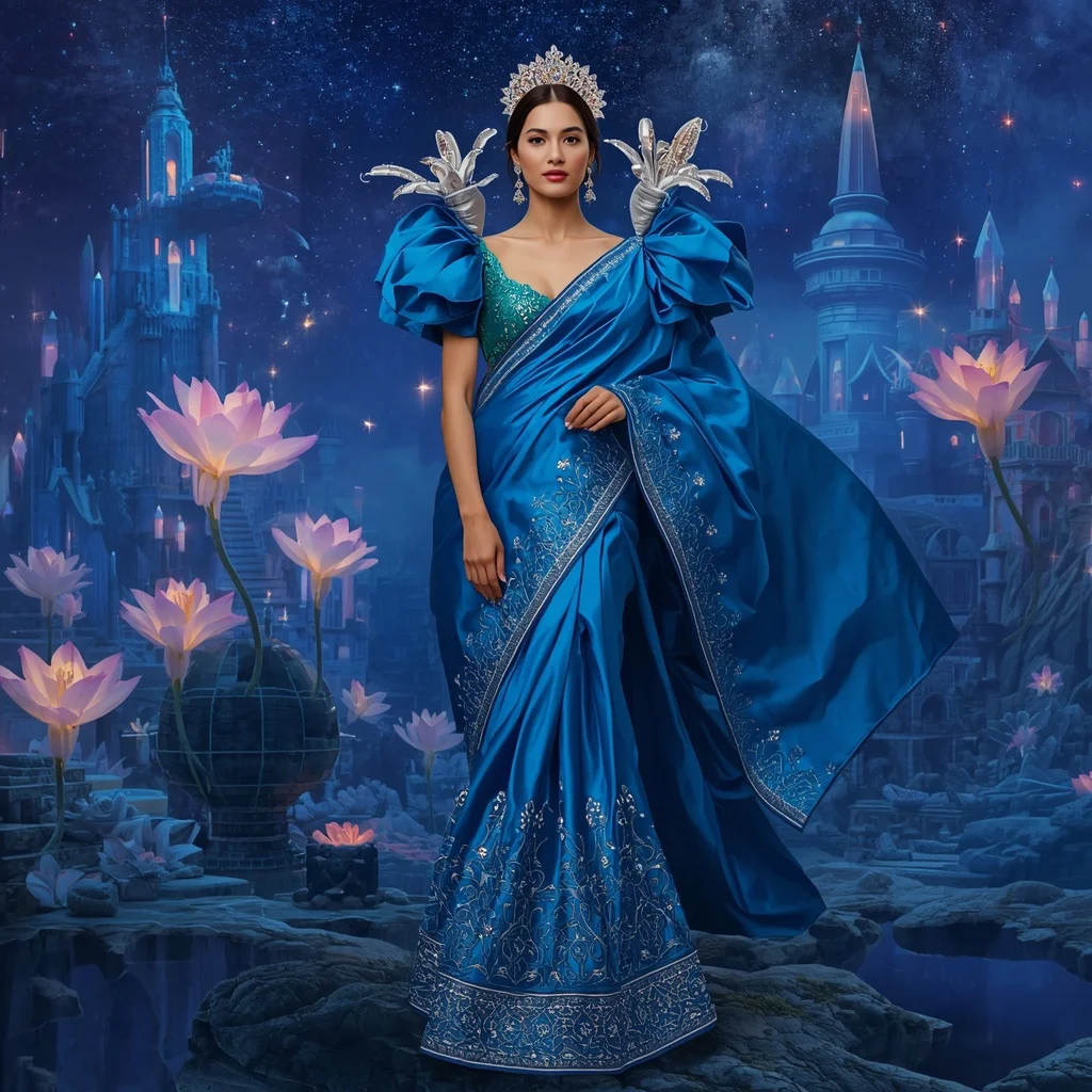 Giant Luxury Crystal Lily Observatory Saree with Sapphire Star Empire | Makeup Ai Prompt