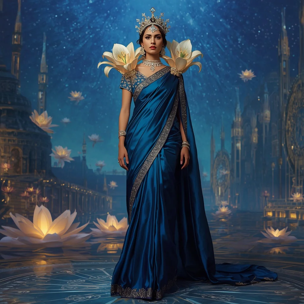 Giant Luxury Crystal Lily Observatory Saree with Sapphire Star Empire | New Instagram Trend Prompt For Girl And Boy Copy And Paste