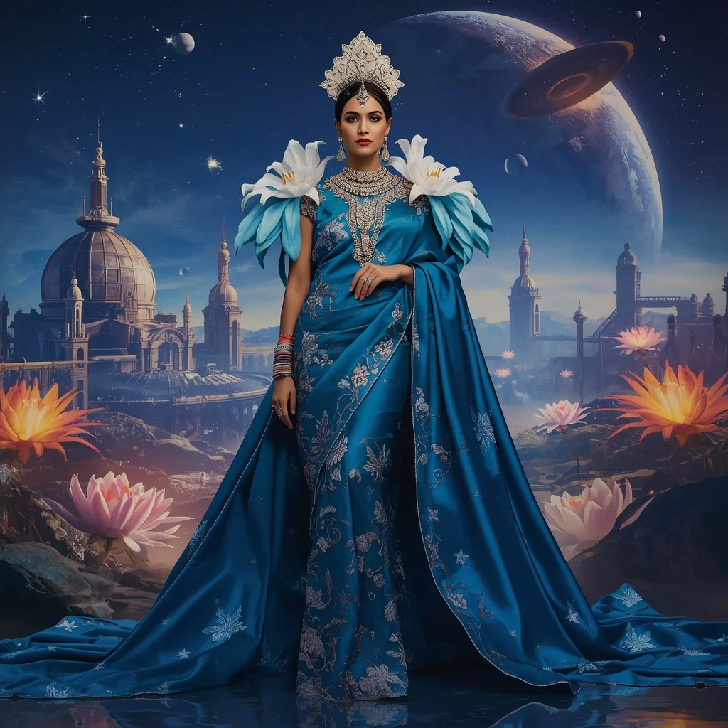 Giant Luxury Crystal Lily Observatory Saree with Sapphire Star Empire | South Indian Prompt For Gemini Girl Instagram