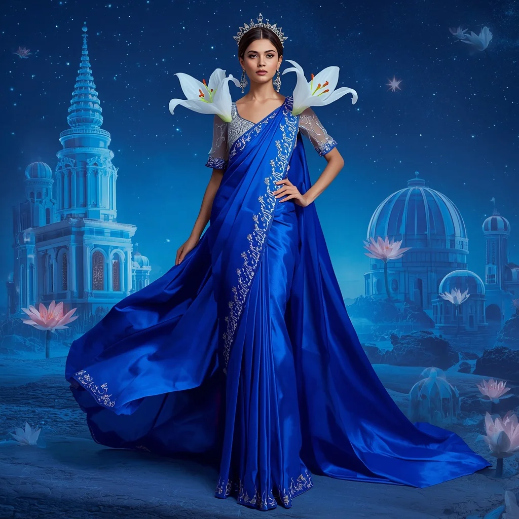 Giant Luxury Crystal Lily Observatory Saree with Sapphire Star Empire | Prompt Seen Girl Photo Editing Chatgpt Aesthetic