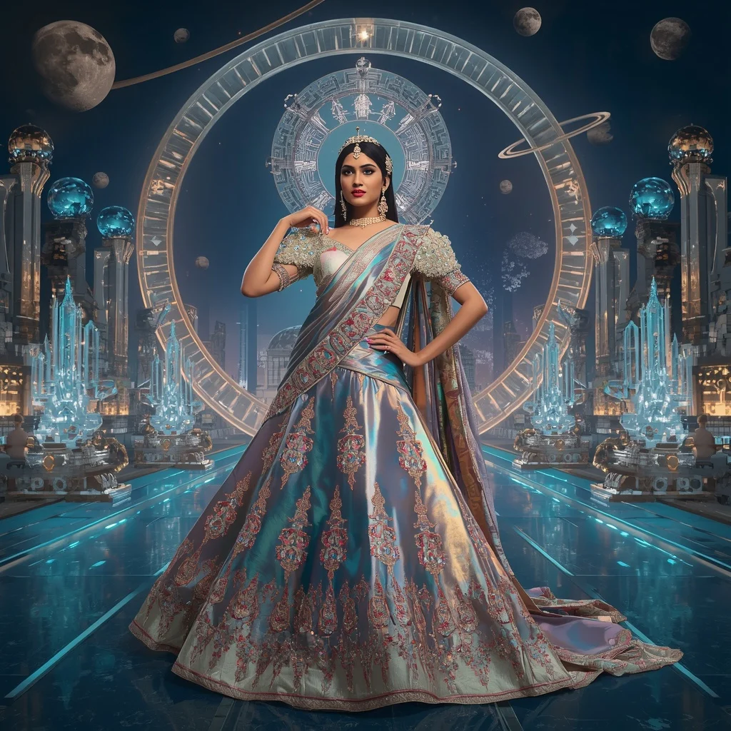 Giant Luxury Crystal Lunar Ring Saree with Celestial Orbit Kingdom | Wedding Saree Ai Prompt