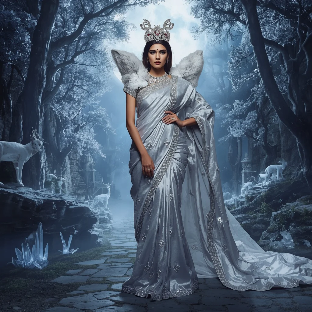 Giant Luxury Crystal Moon Fox Saree with Silver Forest Kingdom | Trending Photo Editing Prompt