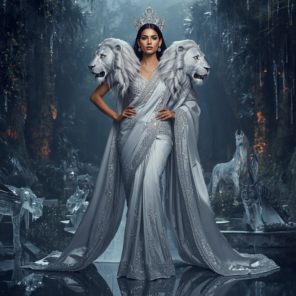 Giant Luxury Crystal Moon Lioness Saree with Silver Royal Jungle Kingdom | Chatgpt Prompt