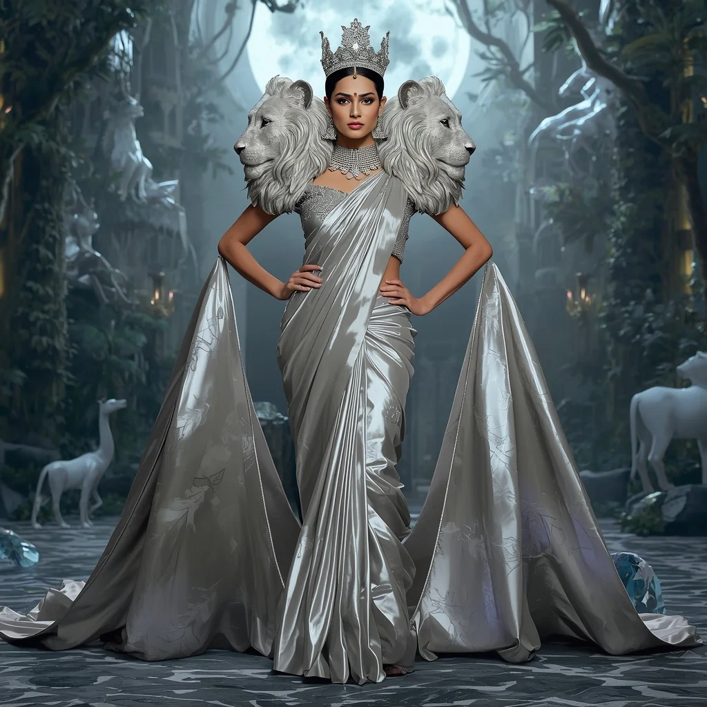 Giant Luxury Crystal Moon Lioness Saree with Silver Royal Jungle Kingdom | Trending Prompts For Instagram For Girl