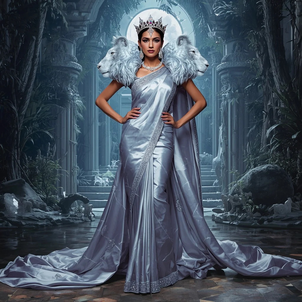 Giant Luxury Crystal Moon Lioness Saree with Silver Royal Jungle Kingdom | Grok Ai Prompt