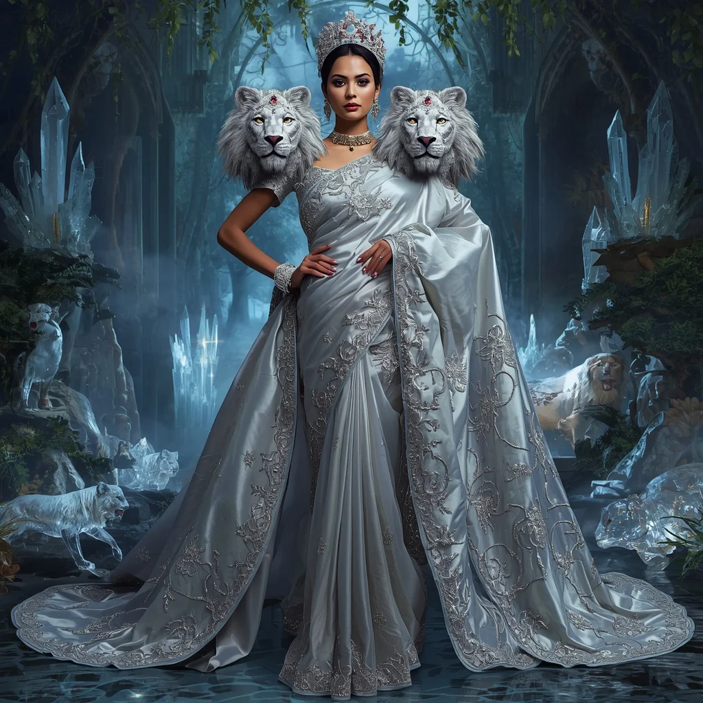 Giant Luxury Crystal Moon Lioness Saree with Silver Royal Jungle Kingdom | Prompt AI For Girl