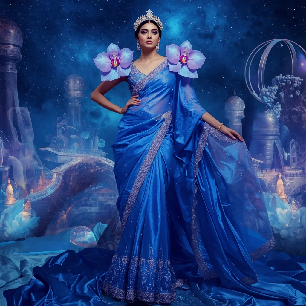 Giant Luxury Crystal Orchid Observatory Saree with Sapphire Nebula Kingdom | Prompt Ai For Girl Instagram