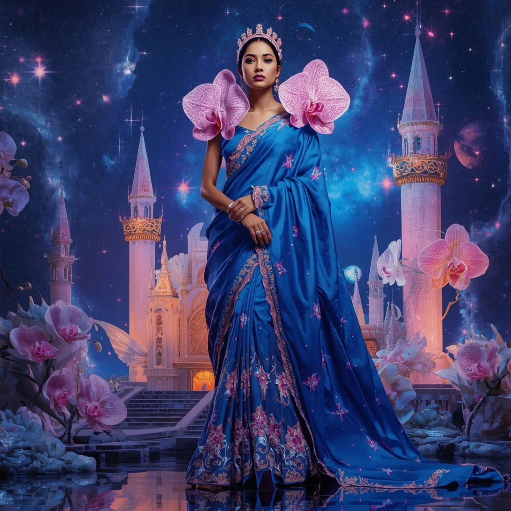Giant Luxury Crystal Orchid Star Fortress Saree with Sapphire Cosmic Empire | New Instagram Trend Prompt For Girl Love