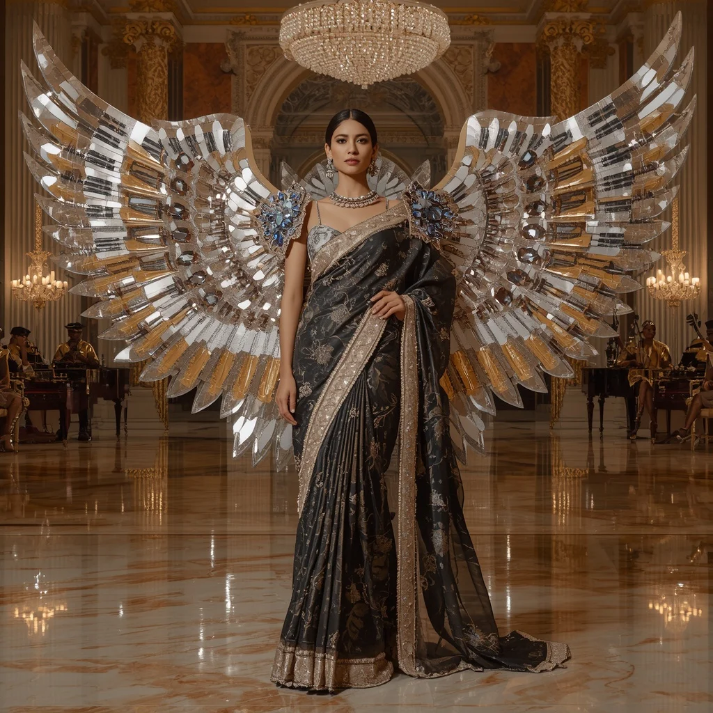 Giant Luxury Crystal Piano Wing Saree with Grand Music Palace | Trending Prompt In Instagram
