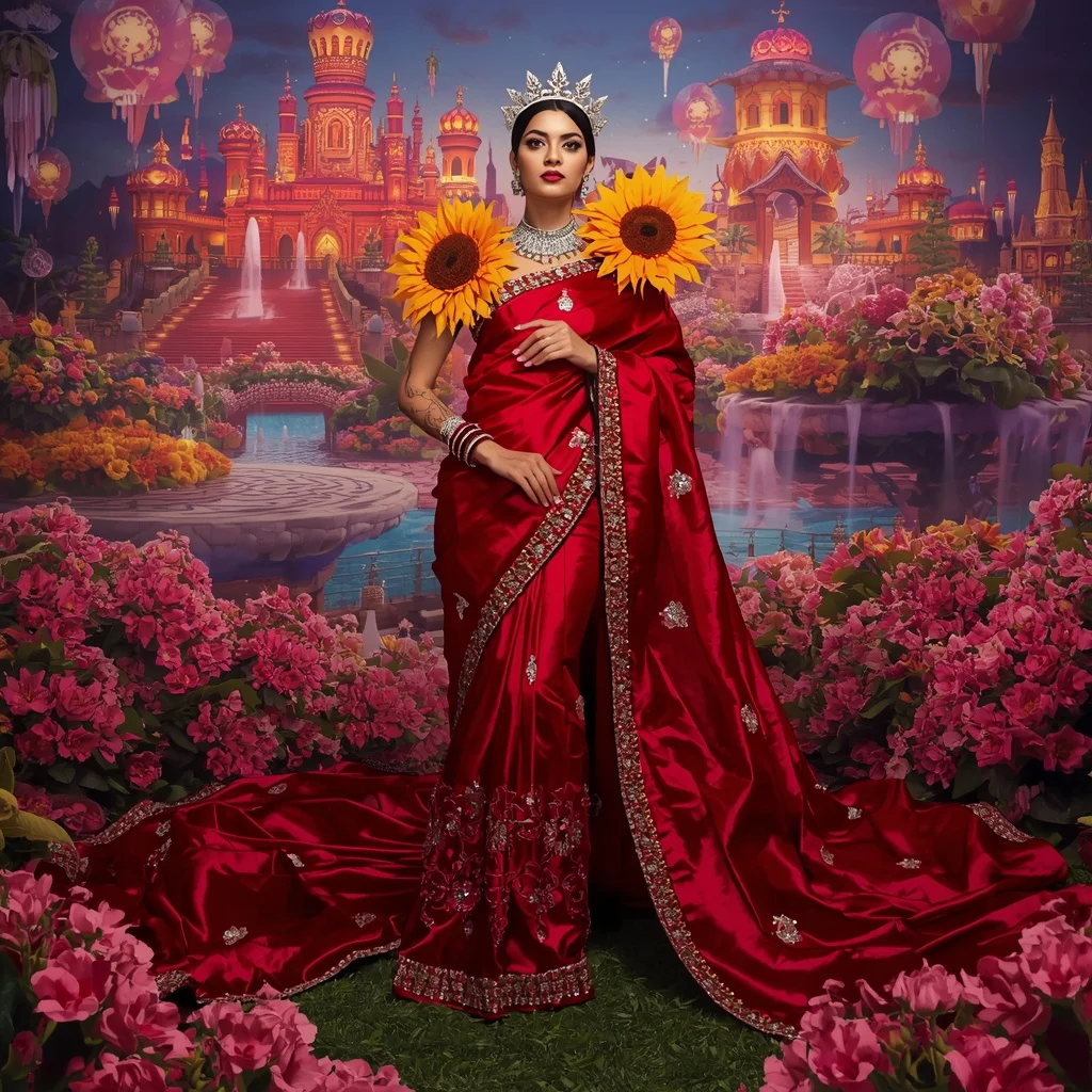 Giant Luxury Crystal Ruby Sunflower Palace Saree with Bloom Festival Capital | Prompt For Gemini AI Girl Style Trending Indian