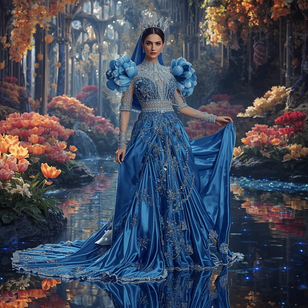 Giant Luxury Crystal Sapphire Tulip Cathedral Saree with Reflection Bloom Dynasty | Modern Design Ai Prompt