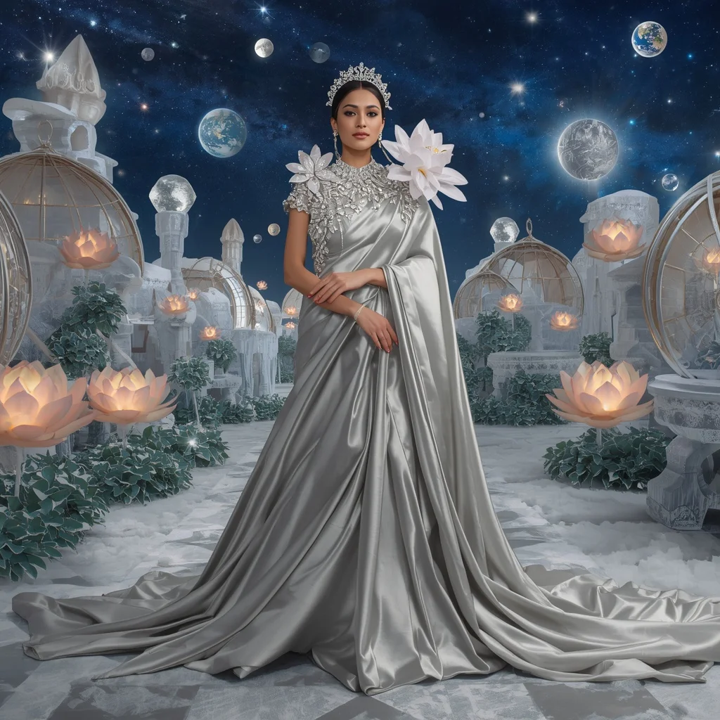 Giant Luxury Crystal Silver Lotus Planetarium Saree with Frozen Star Kingdom | Prompt Seen Girl Photo Editing Chatgpt Aesthetic