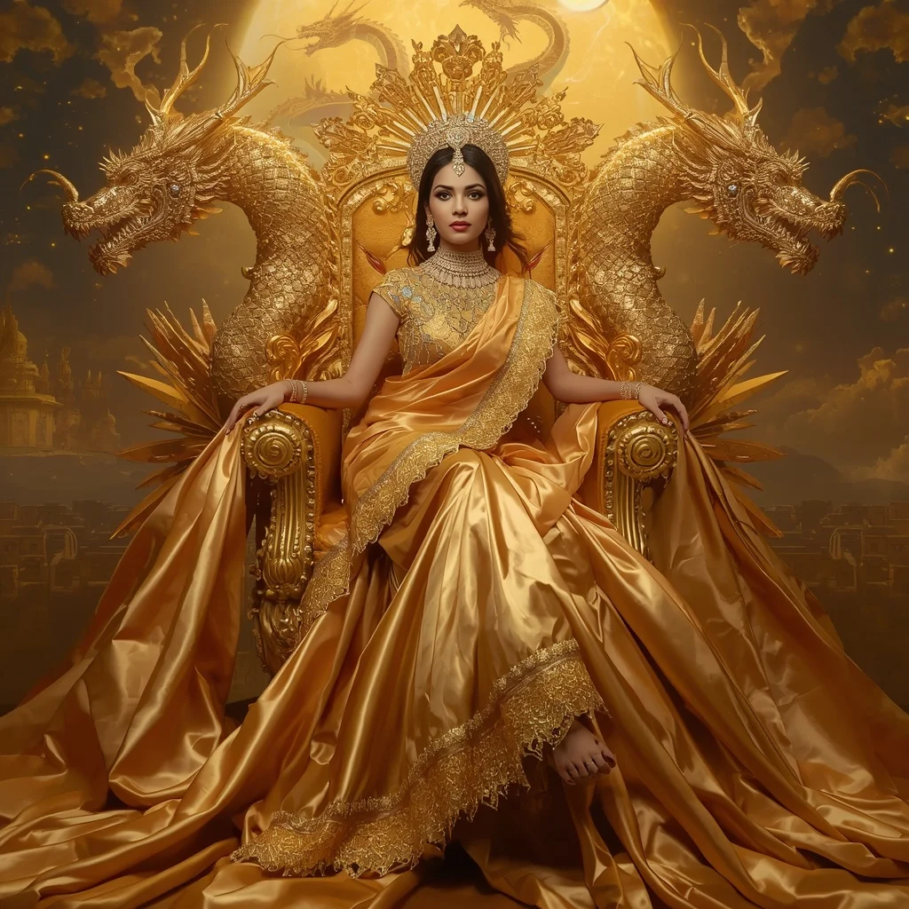 Giant Luxury Crystal Solar Dragon Throne Saree with Golden Celestial Dominion | Ai Gemini Photo Prompt