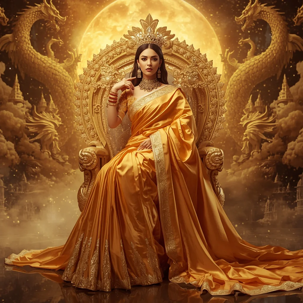 Giant Luxury Crystal Solar Dragon Throne Saree with Golden Celestial Dominion | Bridal Ai Prompt
