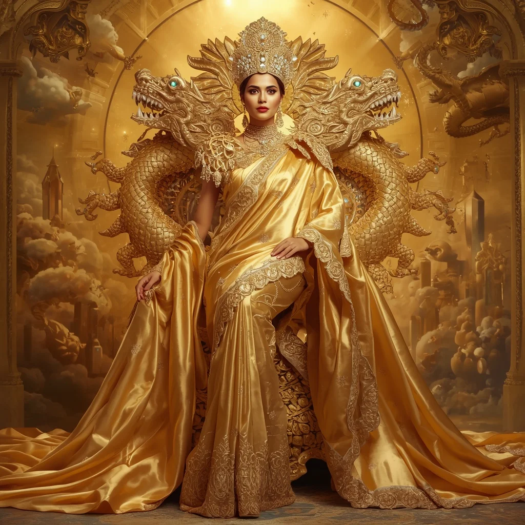 Giant Luxury Crystal Solar Dragon Throne Saree with Golden Celestial Dominion | Prompt For Girl Photo Editing